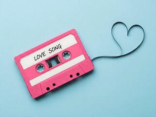 Obraz premium Vibrant pink cassette tape with a handwritten love song title and tape ribbon shaped into a romantic heart.