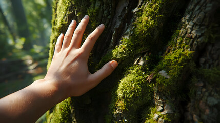 Human hand gently touching vibrant green moss on tree bark within lush nature, finding sense of peace, truly restoring mind