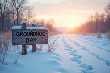 Wooden sign with 'Groundhog Day' in snowy landscape at sunrise with copy space