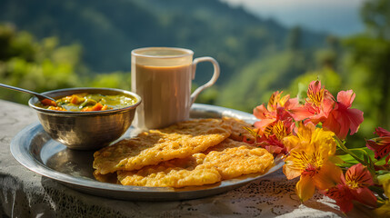 Nepali breakfast with sel roti and vegetable curry