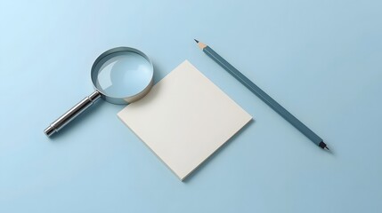 Magnifying Observation Tools: A detailed composition highlighting a magnifying glass, pencil and a blank square paper on a light blue surface, emphasizing analytical tools for research and study.