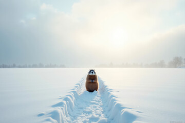 Groundhog standing in snowy path on bright winter day with copy space