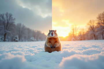 Groundhog in snow with split winter scene and warm sunset, with copy space