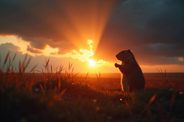 Groundhog standing in grassy field at dramatic sunset with copy space