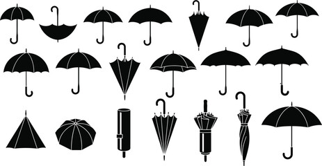 Umbrella silhouette collection featuring black vector designs of open and closed parasols rain gear and weather protection icons for autumn seasonal branding. © Shefali
