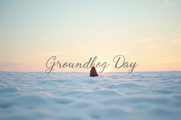 Groundhog Day text on snowy field at sunrise with copy space
