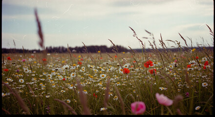 A scenic field of wild flowers including white daisies and red poppies under a soft cloudy sky