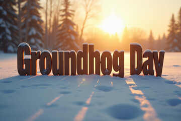 Groundhog Day text in snowy landscape with golden light, with copy space