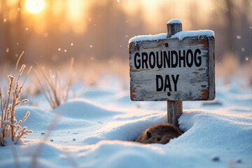 Groundhog peeking from snow next to a Groundhog Day sign with copy space