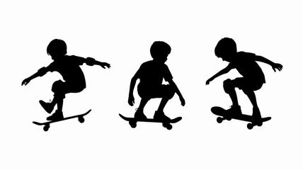three black silhouettes of young boys skateboarding showcasing different poses and movements of action sports and youth culture high quality professional detailed modern elegant stylish clean