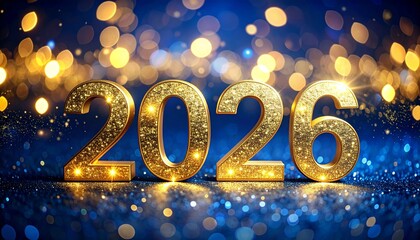 Elegant 2026 New Year background with golden numbers, subtle glitter, and abstract blue bokeh lights, ideal for holiday greetings, celebration banners, and festive digital designs.