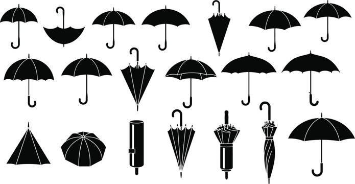 Umbrella silhouette collection featuring black vector designs of open and closed parasols rain gear and weather protection icons for autumn seasonal branding.
