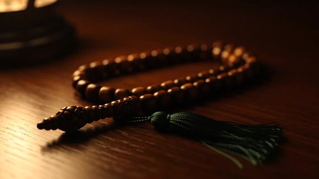 Close up of Muslim Prayer Beads Tasbih with Green Tassel on Wooden Table