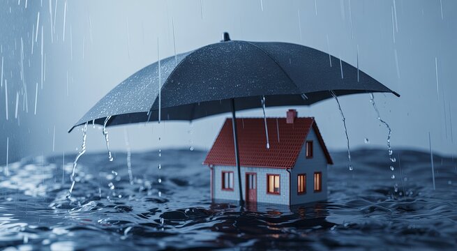 House protected by umbrella from rain and flood