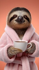 Obraz premium Cute Sloth in a Pink Bathrobe Enjoying a Cup of Coffee