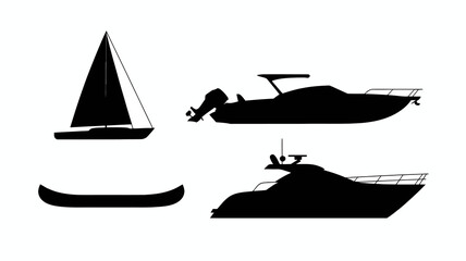 a minimalist black and white illustration depicting various watercraft silhouettes including a sailboat motorboat canoe and a yacht high quality professional detailed modern elegant stylish clean