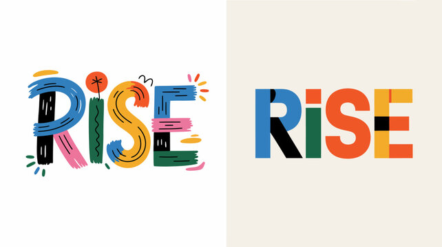 this image displays the word rise in two distinct styles one featuring colorful textured lettering and the other a simpler bolder design high quality professional detailed