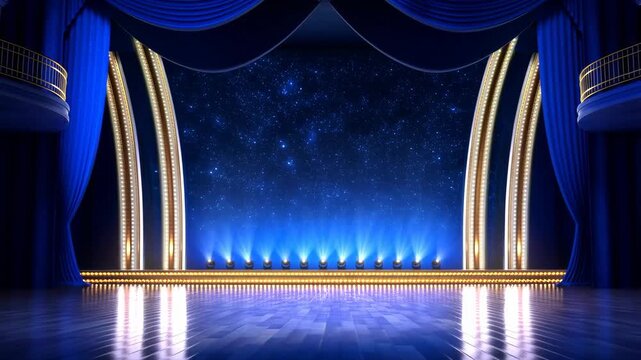 Elegant stage with blue curtains and starry backdrop, illuminated by bright lights. Perfect setting for performances, events, and presentations