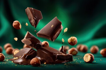 Levitating Dark Chocolate Chunks and Hazelnuts on Green Silk