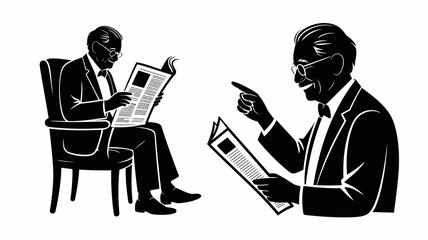 a black and white illustration depicting two formally dressed men one seated reading a newspaper and the other standing gesturing emphatically with his own paper