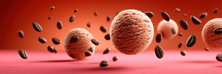Floating Coffee Ice Cream Scoops with Roasted Beans on Red Background