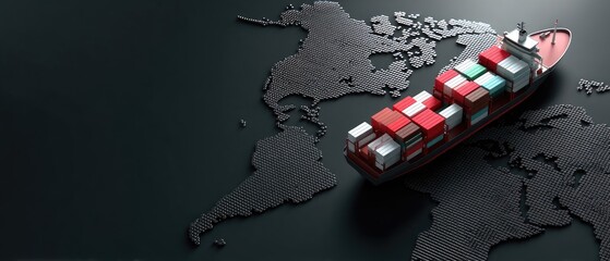 Cargo ship with containers on world map shows logistics and transportation network in global trade landscape