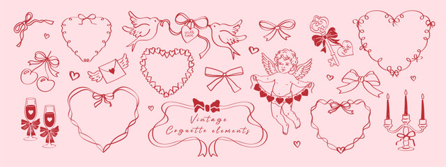 Hand drawn coquette doodle set with Cupid, ribbon frames, hearts, bows and champagne glasses. Trendy vintage romantic vector elements for Valentine&rsquo;s Day designs, wedding invitations and prints.