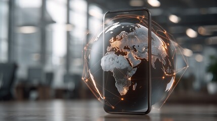 Glowing holographic earth displayed on a smartphone screen with a digital world concept in a dark setting at a modern office
