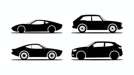 a minimalist depiction showcasing four distinct silhouettes of modern automobiles in a stark black color scheme against a white background high quality professional detailed elegant stylish