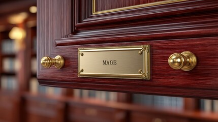 Antique Brass 'Mage' Nameplate on Luxury Mahogany Wood Library Door