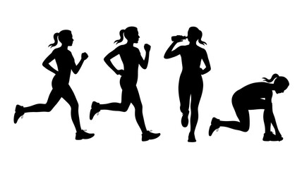 a silhouette illustration depicts four female figures engaged in various stages of physical exertion including running sprinting and collapsing from fatigue high quality professional detailed modern