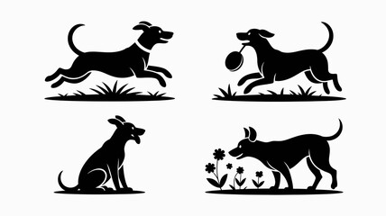 a minimalist illustration depicts four black silhouettes of playful dogs engaged in various activities like jumping sitting and sniffing flowers high quality professional detailed modern elegant