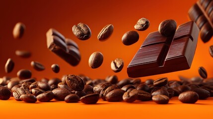 Floating Coffee Beans and Dark Chocolate Bars on Orange Background