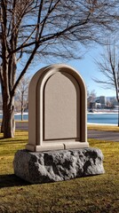 Blank Arched Stone Monument on Rock Base in Sunny Park Landscape