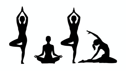 Fototapeta premium a minimalist depiction showcasing three distinct yoga poses tree pose seated meditation and a dynamic stretching posture in black silhouette high quality professional detailed modern elegant