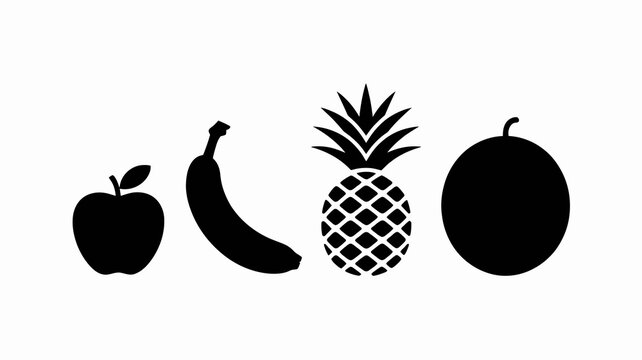 a simple black and white illustration displays an apple a banana a pineapple and an orange in a row high quality professional detailed modern elegant stylish