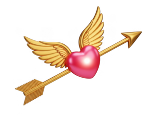 Golden arrow piercing a heart with wings isolated on transparent background