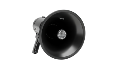 A powerful black megaphone used for making announcements, delivering important messages, and effectively promoting sales or special events to a large audience for communication and