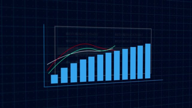 Digital blue bar chart with growing business concept. Hi-tech technology chart with a grid. Camera movement with depth of field. 4K resolution animation.