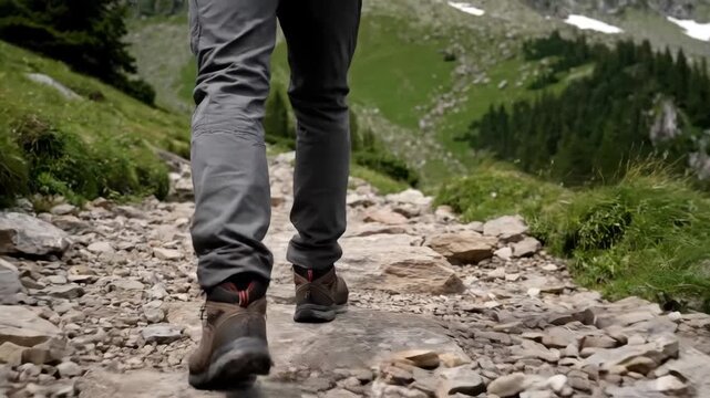 Hiking Boots on Mountain Trail - A hiker wearing boots and gray hiking pants walks uphill on a rocky mountain path. The green hillside rises in the background with trees and patches of snow.