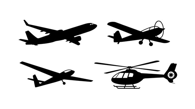 a collection of black silhouette illustrations depicts various aircraft types including a jet a small propeller plane a glider and a helicopter high quality professional detailed