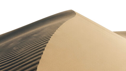 Detailed view of a desert sand dune showcasing intricate natural wind ripples and deep shadows along its ridge, ideal for travel publications, environmental studies, and graphic backgrounds.