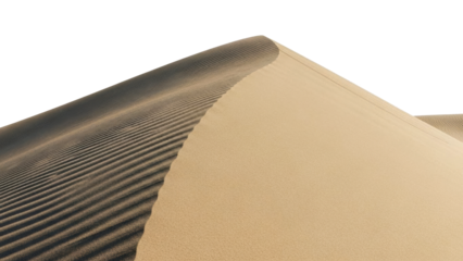 Detailed view of a desert sand dune showcasing intricate natural wind ripples and deep shadows along its ridge, ideal for travel publications, environmental studies, and graphic backgrounds.