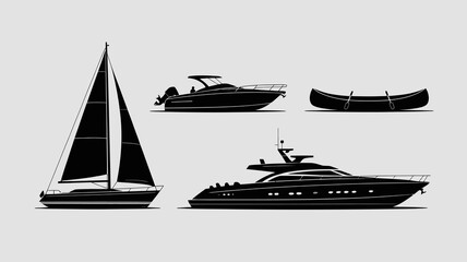 a monochrome illustration depicts four distinct watercraft a sailboat a motorboat a canoe and a luxury yacht all in silhouette high quality professional detailed modern elegant