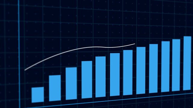 Digital blue bar chart with growing business concept. Hi-tech technology chart with a grid. Camera movement with depth of field. 4K resolution animation.