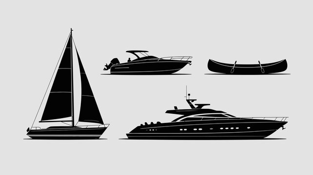 a monochrome illustration depicts four distinct watercraft a sailboat a motorboat a canoe and a luxury yacht all in silhouette high quality professional detailed modern elegant