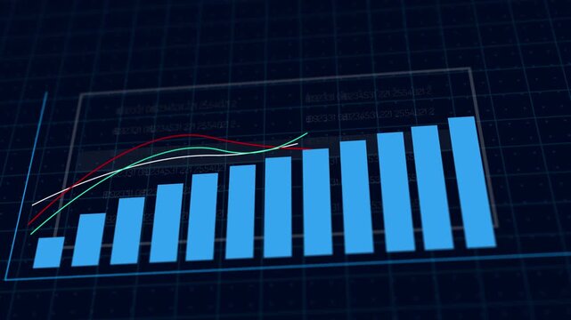 Digital blue bar chart with growing business concept. Hi-tech technology chart with a grid. Camera movement with depth of field. 4K resolution animation.