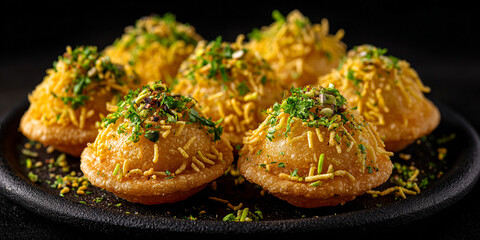 Indian food named Sev Puri on black background