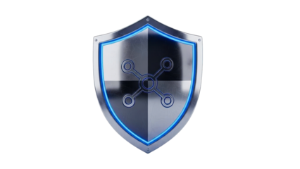 A metallic shield with a vibrant blue glowing outline and a central network symbol represents robust digital security, data protection, and advanced technological defense for cybersecurity