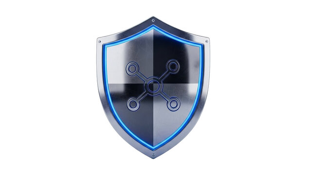 A metallic shield with a vibrant blue glowing outline and a central network symbol represents robust digital security, data protection, and advanced technological defense for cybersecurity - Powered by Adobe